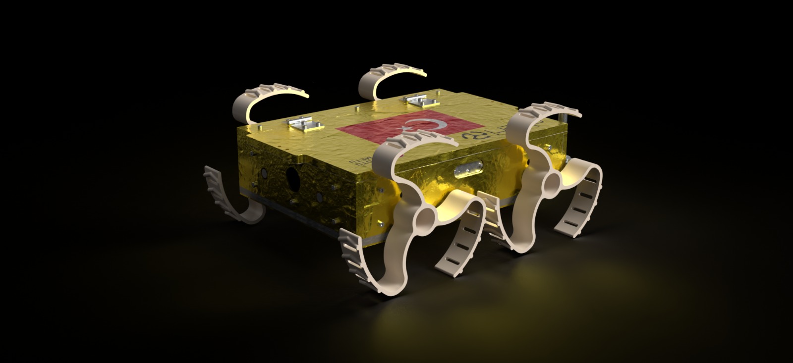 Engineering render of the CHERI lunar rover, gold thermal shielding and six flexible composite legs.